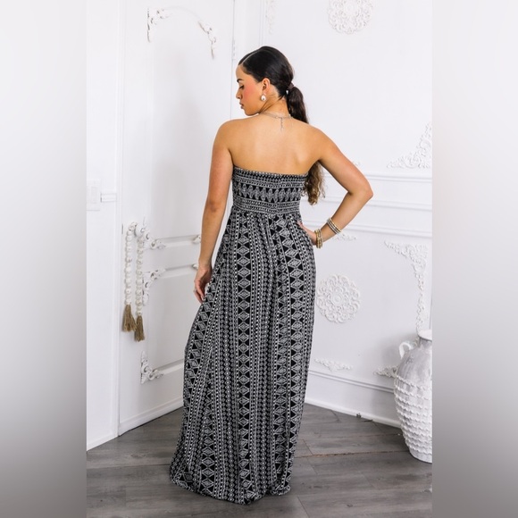 Elegant Black and White Strapless Maxi Dress - Picture 4 of 5